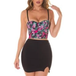 Bauchfreies Damen Corsagen-Top Mit Blumenmuster Schwarz