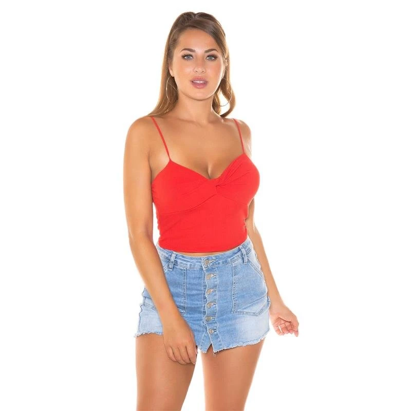 Bauchfreies Damen Spaghettiträger-Top Aus Rippstrick Rot 3 Bauchfreies Damen Spaghettiträger-Top Aus Rippstrick Rot