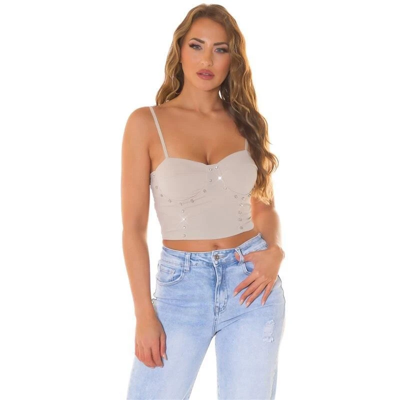 Bauchfreies Damen Träger Bustier-Top Mit Strasssteinen Beige 3 Bauchfreies Damen Träger Bustier-Top Mit Strasssteinen Beige
