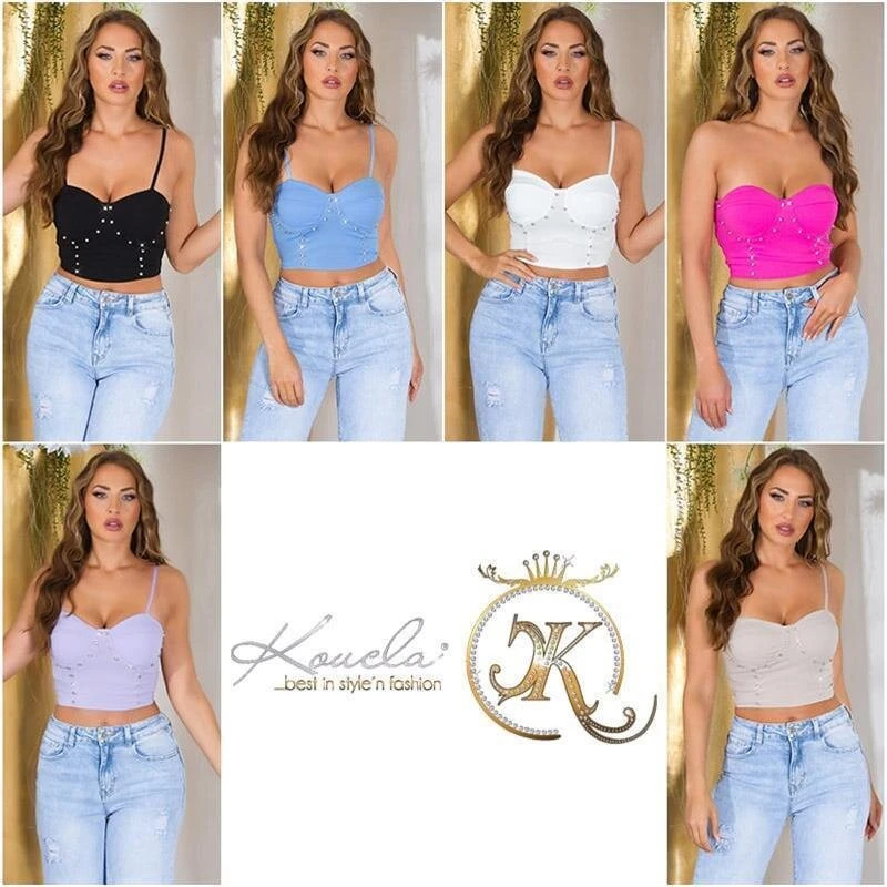 Bauchfreies Damen Träger Bustier-Top Mit Strasssteinen Beige 9 Bauchfreies Damen Träger Bustier-Top Mit Strasssteinen Beige – Bild 7