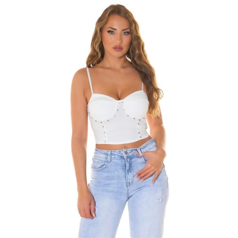 Bauchfreies Damen Träger Bustier-Top Mit Strasssteinen Weiß 3 Bauchfreies Damen Träger Bustier-Top Mit Strasssteinen Weiß