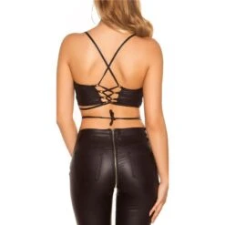 Bauchfreies Wetlook Damen Träger-Top Mit Schnürung Schwarz -Noirmade Geschaft bauchfreies wetlook damen traeger top mit schnuerung schwarz3