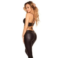 Bauchfreies Wetlook Damen Träger-Top Mit Schnürung Schwarz -Noirmade Geschaft bauchfreies wetlook damen traeger top mit schnuerung schwarz5