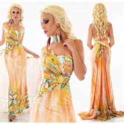 Bodenlanges One-Shoulder Abendkleid Blumen Maxikleid Orange
