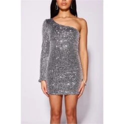 Bodycon One-Shoulder Pailletten-Kleid Party Silber -Noirmade Geschaft bodycon one shoulder pailletten kleid party silber4