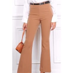 Damen Bundfalten-Stoffhose Mit Schlag Inkl. Gürtel Camel