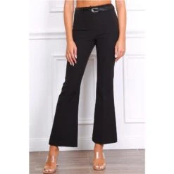 Damen Bundfalten-Stoffhose Mit Schlag Inkl. Gürtel Schwarz