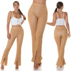 Damen Bundfalten-Stoffhose Mit Schlag Und Schlitz Beige