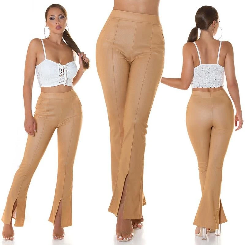 Damen Bundfalten-Stoffhose Mit Schlag Und Schlitz Beige 3 Damen Bundfalten-Stoffhose Mit Schlag Und Schlitz Beige