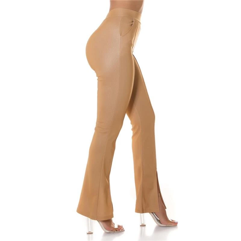 Damen Bundfalten-Stoffhose Mit Schlag Und Schlitz Beige 5 Damen Bundfalten-Stoffhose Mit Schlag Und Schlitz Beige – Bild 3