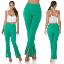 Damen Bundfalten-Stoffhose Mit Schlag Und Schlitz Grün