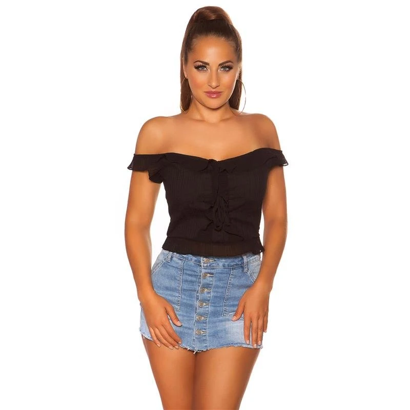 Damen Chiffon Top Mit Trägern Und Rüschen Schwarz 3 Damen Chiffon Top Mit Trägern Und Rüschen Schwarz – Bild 2