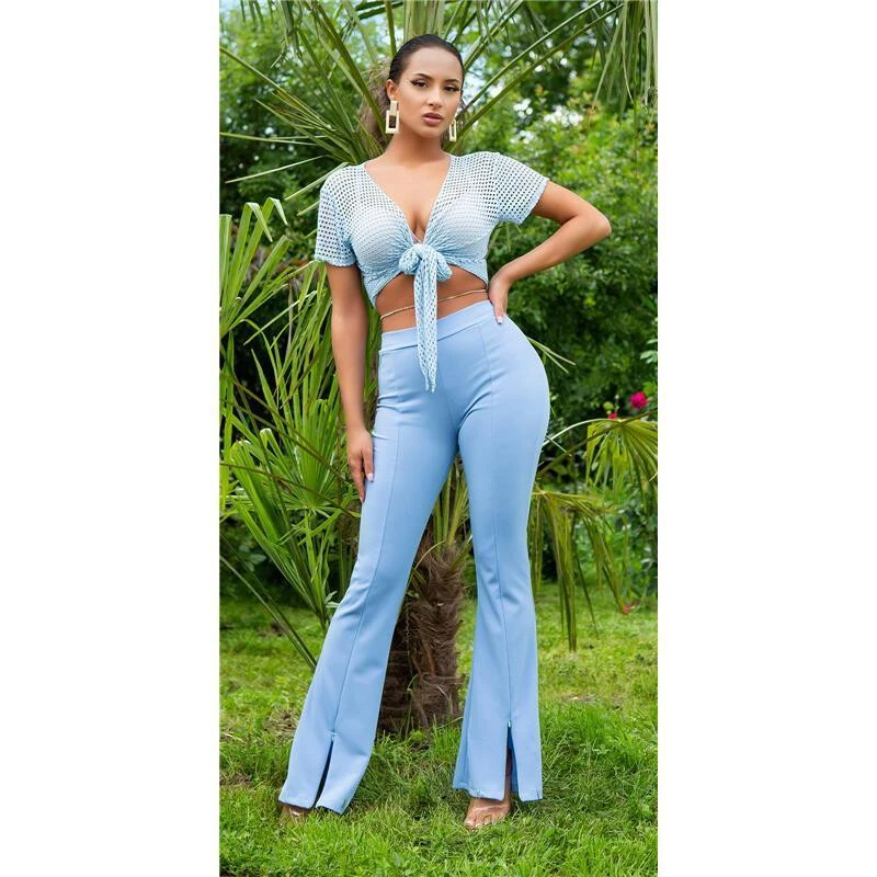 Damen High Waist Bootcut Stoffhose Mit Zippern Babyblau 8 Damen High Waist Bootcut Stoffhose Mit Zippern Babyblau – Bild 6