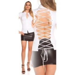 Damen Kurzarm Bluse Mit Schnürung Am Rücken Weiß