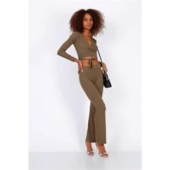 Damen Rippstrick Loungewear-Set Zweiteiler Khaki