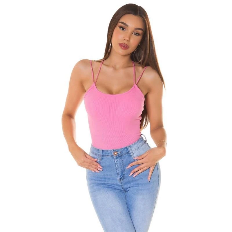 Damen Rippstrick Träger-Top Mit Gekreuzten Trägern Rosa 3 Damen Rippstrick Träger-Top Mit Gekreuzten Trägern Rosa