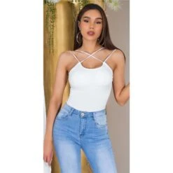 Damen Rippstrick Träger-Top Mit Gekreuzten Trägern Weiß