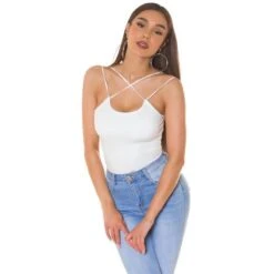 Damen Rippstrick Träger-Top Mit Gekreuzten Trägern Weiß -Noirmade Geschaft damen rippstrick traeger top mit gekreuzten traegern weiss6