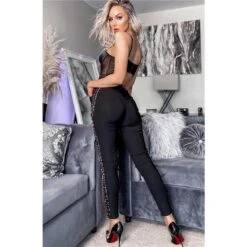 Damen Stoffhose Mit Seitenstreifen & Gürtel Schwarz/Leopard -Noirmade Geschaft damen stoffhose mit seitenstreifen guertel schwarz leopard5