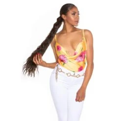 Damen Wasserfall Träger-Top Mit Blumenmuster Gelb -Noirmade Geschaft damen wasserfall traeger top mit blumenmuster gelb4