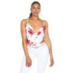 Damen Wasserfall Träger-Top Mit Blumenmuster Weiß -Noirmade Geschaft damen wasserfall traeger top mit blumenmuster weiss4
