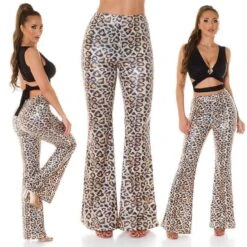 Damen Wetlook Schlaghose Boho-Style Leopard-Optik Multicolor