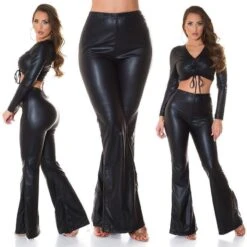 Damen Wetlook Schlaghose Boho-Style Schwarz