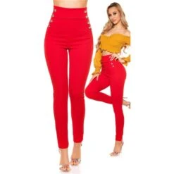Elegante Damen High Waist Stoffhose Mit Knöpfen Rot