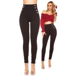 Elegante Damen High Waist Stoffhose Mit Knöpfen Schwarz