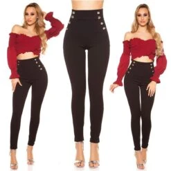 Elegante Damen High Waist Stoffhose Mit Knöpfen Schwarz -Noirmade Geschaft elegante damen high waist stoffhose mit knoepfen schwarz8