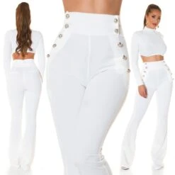 Elegante Damen Highwaist Schlaghose Mit Knöpfen Cremeweiß