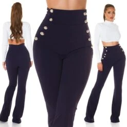 Elegante Damen Highwaist Schlaghose Mit Knöpfen Marine