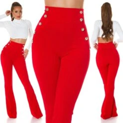 Elegante Damen Highwaist Schlaghose Mit Knöpfen Rot