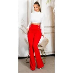 Elegante Damen Highwaist Schlaghose Mit Knöpfen Rot -Noirmade Geschaft elegante damen highwaist schlaghose mit knoepfen rot6