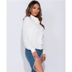 Elegante Damen Langarm-Schluppenbluse Mit Volants Weiß -Noirmade Geschaft elegante damen langarm schluppenbluse mit volants weiss5