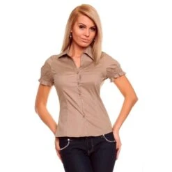 Elegante Kurzarm Bluse Mit Smok-Partie Braun