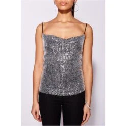 Glamour Damen Party Pailletten Trägertop Silber -Noirmade Geschaft glamour damen party pailletten traegertop silber5