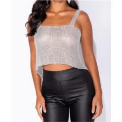 Glamour Party Strass Top Aus Metall Clubwear Silber