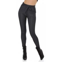 Karierte Damen High Waist Stoffhose Mit Gürtel Dunkelgrau