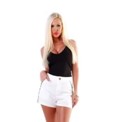 Kurze Damen Stoffhose Shorts Mit Leo-Seitenstreifen Weiß -Noirmade Geschaft kurze damen stoffhose shorts mit leo seitenstreifen weiss4