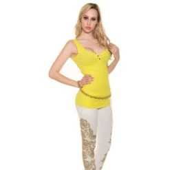 Sexy Basic Rippstrick Träger-Top Mit Goldenen Knöpfen Gelb -Noirmade Geschaft sexy basic rippstrick traeger top mit goldenen knoepfen gelb4