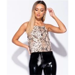 Sexy Damen Cami Spaghettiträger Top Mit Schlangenmuster Braun