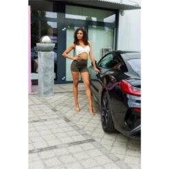 Sexy Damen High Waist Shorts Mit Goldenen Knöpfen Khaki -Noirmade Geschaft sexy damen high waist shorts mit goldenen knoepfen khaki5