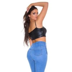 Sexy Damen Träger Crop Top In Leder-Look Clubwear Schwarz -Noirmade Geschaft sexy damen traeger crop top in leder look clubwear schwarz4