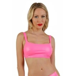 Sexy Damen Träger Crop Top In Wetlook Clubwear Neon Pink