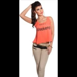 Sexy Loose-Fit Chiffon Top Mit Print "Smile, IT's Weekend" Coral -Noirmade Geschaft sexy loose fit chiffon top mit print smile its weekend coral3