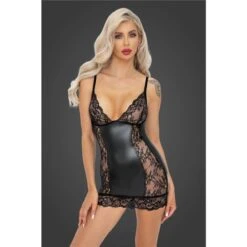 Sexy Noir Handmade Damen Wetlook Minikleid Mit Spitze Schwarz