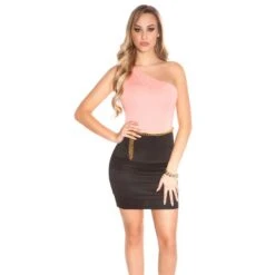 Sexy One-Shoulder Minikleid Inkl. Gürtel Lachs/Schwarz