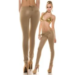 Sexy Skinny Treggings Hose In Leder-Look Mit Schnürung Champagner