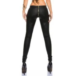 Sexy Skinny Treggings Hose In Leder-Look Mit Zipper Schwarz